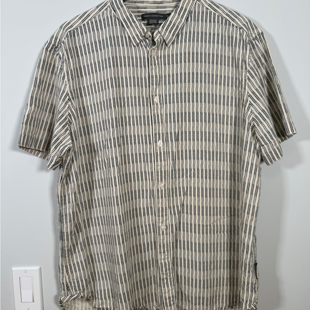 🌿 French Connection Men's Shirt XL Cream Navy Striped Linen Blend Short Sleeve